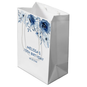 Sacola Para Presentes Média Rosas Azuis Modernos Verde Floral Aniversário