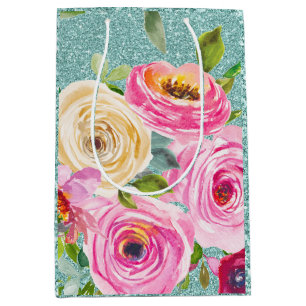 Sacola Para Presentes Média Rosas de aquarela rosa e creme