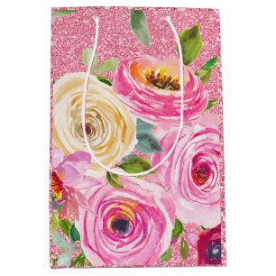 Sacola Para Presentes Média Rosas de aquarelas em rosa e creme cor-de-rosa