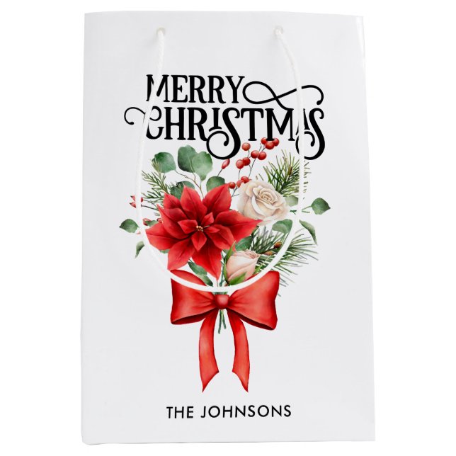 Sacola Para Presentes Média Rosas de Poinsettia Buquê de Flor de Natal (Frente)