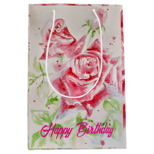 Sacola Para Presentes Média Rosas de rosa vermelha Flor Flor Flor de Aquarela