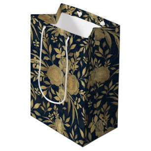Sacola Para Presentes Média Rosas Dourados Elegantes Marinho Floral - Design A
