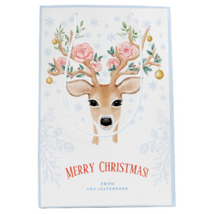 Sacola Para Presentes Média Rosas Holly de Natal Flocos de Neve Contorno Azul