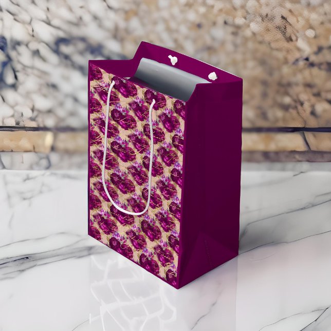 Sacola Para Presentes Média Rosas magenta românticos com Escrevendo Dourado em (Criador carregado)
