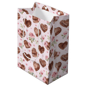 Sacola Para Presentes Média Rosas Marrons Corações Florais Chá de Noiva