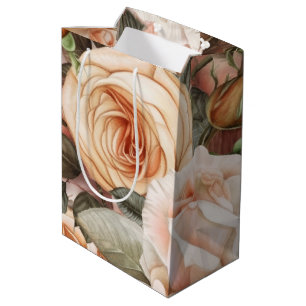 Sacola Para Presentes Média Rosas Rosa e Pêssego Vintage Delicadas
