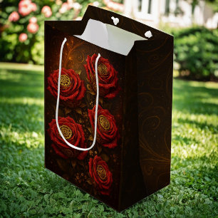 Sacola Para Presentes Média Rosas Steampunk de Luxo Engrenagens Douradas Român