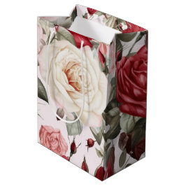 Sacola Para Presentes Média Rosas Vermelhas Brancas e Rosa Delicado Vintage