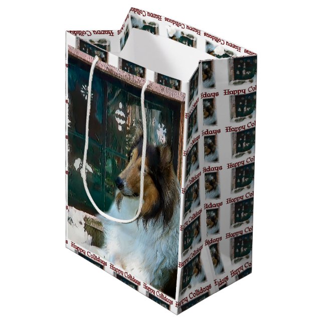 Sacola Para Presentes Média Rough Collie Christmas (Frente inclinada)