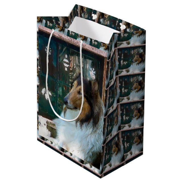 Sacola Para Presentes Média Rough Collie Christmas (Verso inclinado)