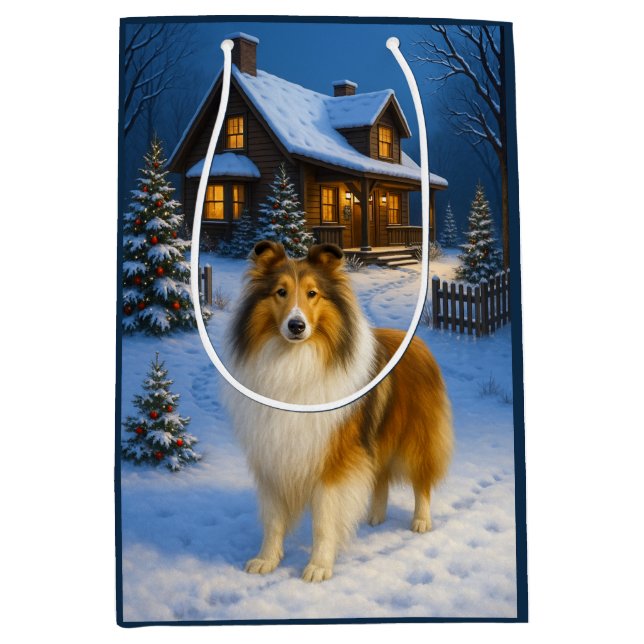 Sacola Para Presentes Média Rough Collie Holiday  (Frente)