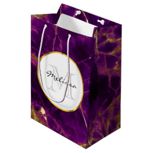 Sacola Para Presentes Média Roxo Moderno e Dourado Abstrato Marble