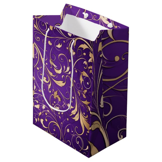 Sacola Para Presentes Média Roxo Real Luxuoso e Dourado Damasco Padrão (Frente inclinada)