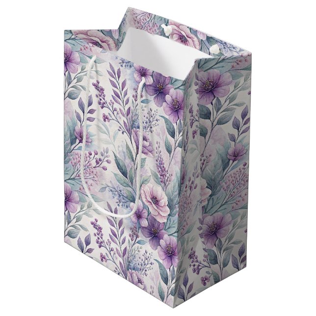 Sacola Para Presentes Média Roxo, Rosa, Lavanda Floral  (Frente inclinada)