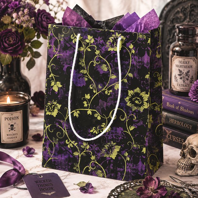 Sacola Para Presentes Média Roxo & Verde Botânico Gótico de Halloween (Criador carregado)
