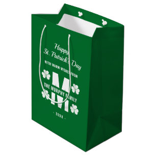 Sacola Para Presentes Média Rua de nome da família do Monograma Branco Verde.