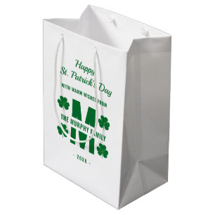 Sacola Para Presentes Média Rua de nome da família do Monograma Verde Branco.
