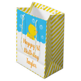 Sacola Para Presentes Média Rubber Ducky Yellow e Blue Happy Birday