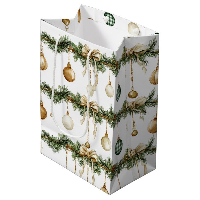 Sacola Para Presentes Média Rustic Brown Bows Cream Green Christmas (Frente inclinada)