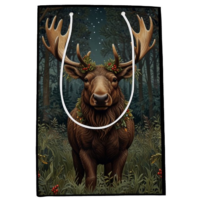 Sacola Para Presentes Média Rustic Christmas moose deer boho woodland forest  (Frente)
