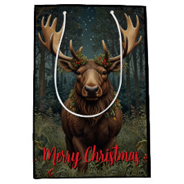 Sacola Para Presentes Média Rustic Christmas moose deer boho woodland forest 