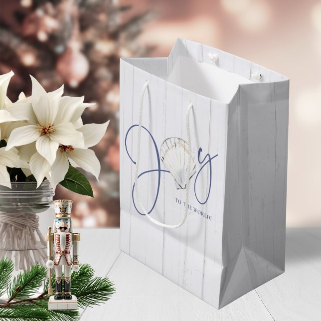 Sacola Para Presentes Média Rustic Coastal Christmas Seashell Joy (Rustic Coastal Christmas Seashell Joy Medium Gift Bag)