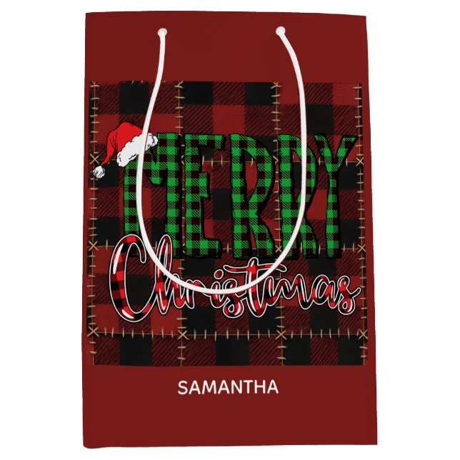 Sacola Para Presentes Média Rustic Farmhouse Buffalo Plaid Christmas Custom (Frente)