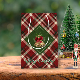 Sacola Para Presentes Média Rustic Felry Christmas Bell Red Gingham