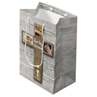 Sacola Para Presentes Média Rustic Wood Cross First Santa Comunhão