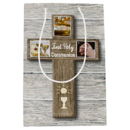 Sacola Para Presentes Média Rustic Wood Cross First Santa Comunhão