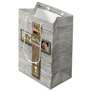 Sacola Para Presentes Média Rustic Wood Cross Primeira Comunhão Sagrada