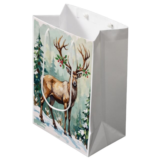 Sacola Para Presentes Média Rustic Woodland Reindeer Elegant Christmas Art (Frente inclinada)