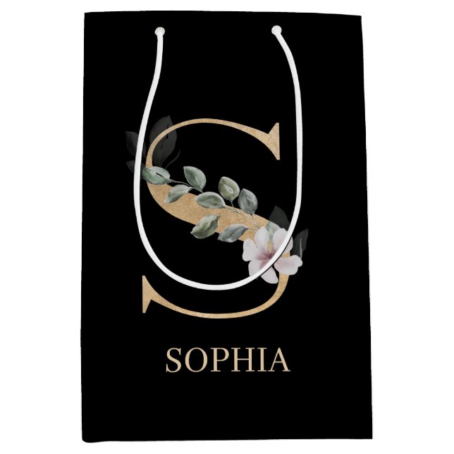 Sacola Para Presentes Média S Monograma Floral Personalizado (Frente)