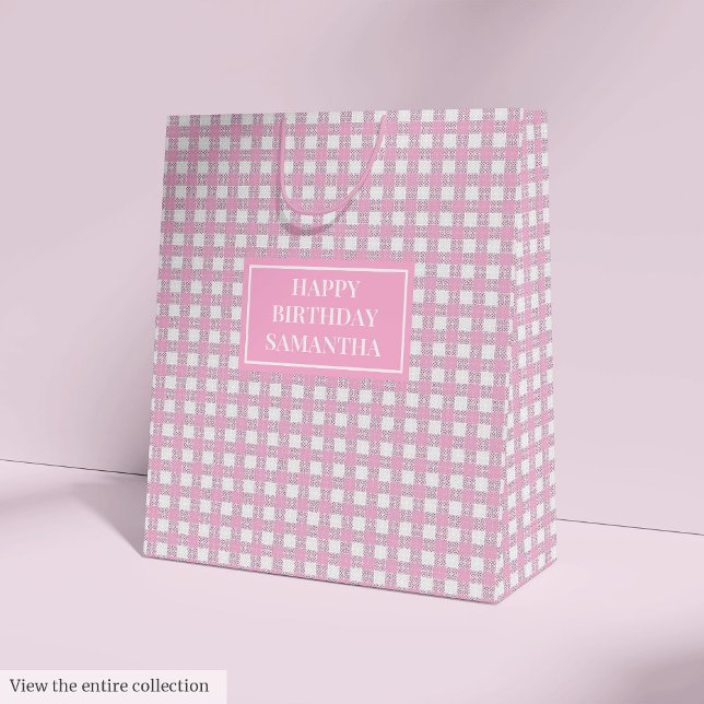 Sacola Para Presentes Média Saca de Presente com Nome Personalizado Pretty Pin (Custom Name Gift Bag Pretty Pink Plaid Keepsake)