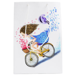 Sacola Para Presentes Média Saca de Presente de Menina Feliz com Bicicleta