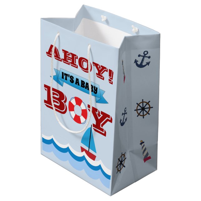 Sacola Para Presentes Média Saca de Presente É Um Bebê Menino Ahoy (Verso inclinado)