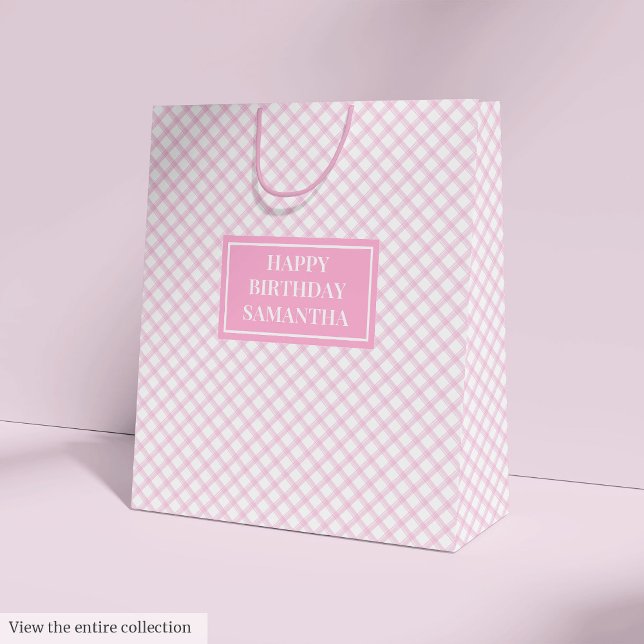 Sacola Para Presentes Média Saca de Presente Personalizada Xadrez Rosa Acento  (Personalized Gift Bag Pink Plaid Birthday Accent)