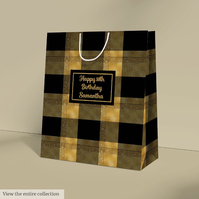 Sacola Para Presentes Média Saca de Presente Preto Elegante com Nome Impresso  (Elegant Black Gold Gift Bag Name Printed )