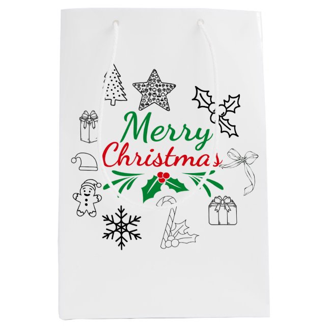 Sacola Para Presentes Média Saca de presentes com doodles de Natal (Frente)