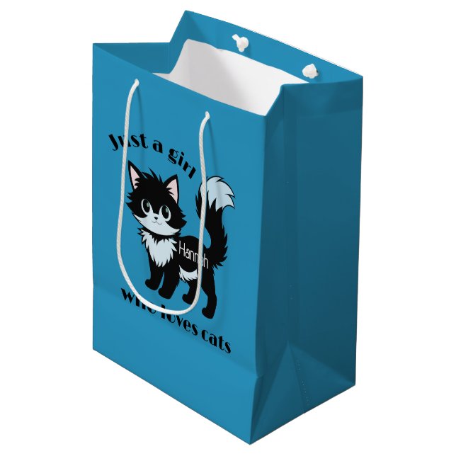 Sacola Para Presentes Média Saco de Presente com Design de Garota que Ama Gato (Frente inclinada)