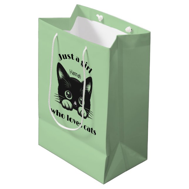 Sacola Para Presentes Média Saco de Presente com Design de Garota que Ama Gato (Frente inclinada)