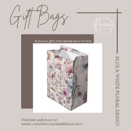Sacola Para Presentes Média Saco de Presente com Design Floral Rosa e Azul