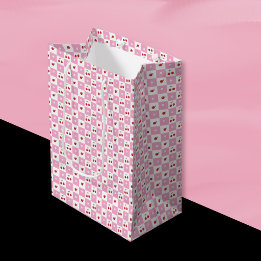 Sacola Para Presentes Média Saco de Presente com Padrão Xadrez Rosa e Branco d