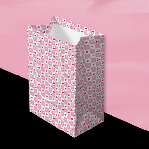 Sacola Para Presentes Média Saco de Presente com Padrão Xadrez Rosa e Branco d