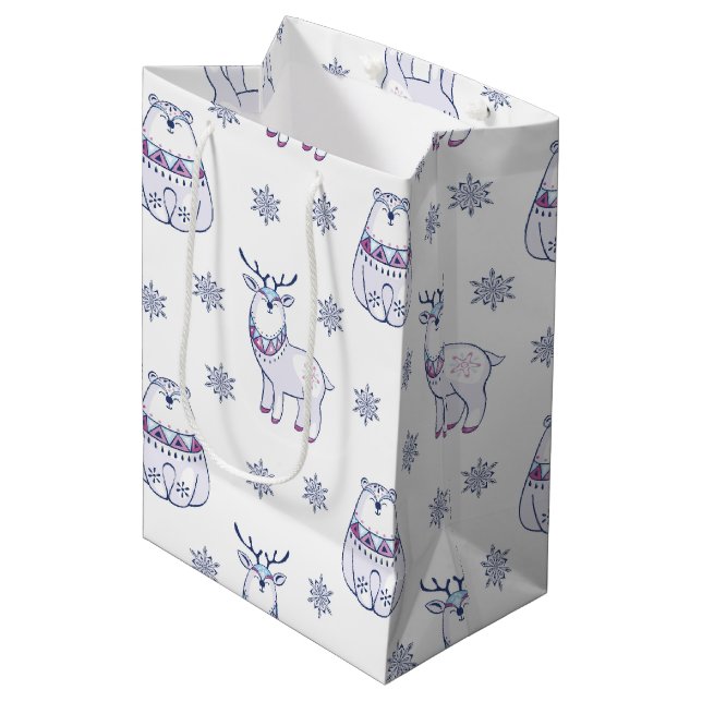 Sacola Para Presentes Média Saco de Presente com Ursos Polares e Rena (Frente inclinada)
