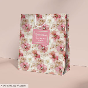 Sacola Para Presentes Média Saco de presente cor-de-rosa e dourado com flores