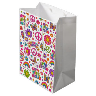 Sacola Para Presentes Média Saco de presente de aniversário Happy Hippie