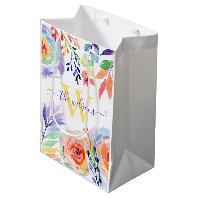 Sacola Para Presentes Média Saco de Presente de Aquarela com Foto Monogramada (Frente inclinada)