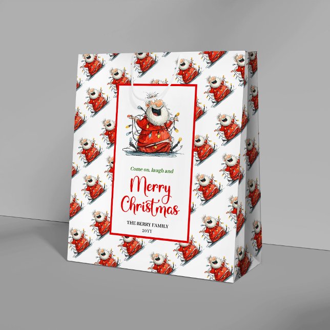 Sacola Para Presentes Média Saco de presente de Natal alegre e fofo com Papai  (Trendy quirky Santa cute cheerful holiday gift bag)