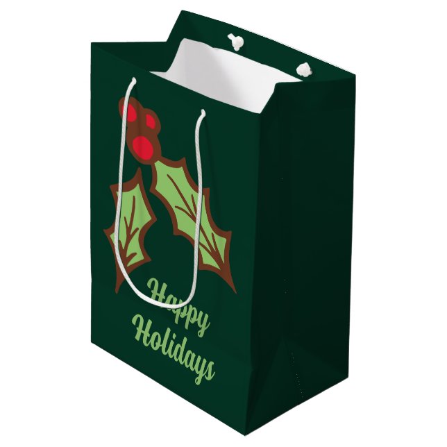 Sacola Para Presentes Média Saco de Presente de Natal com Azevinho Verde (Frente inclinada)